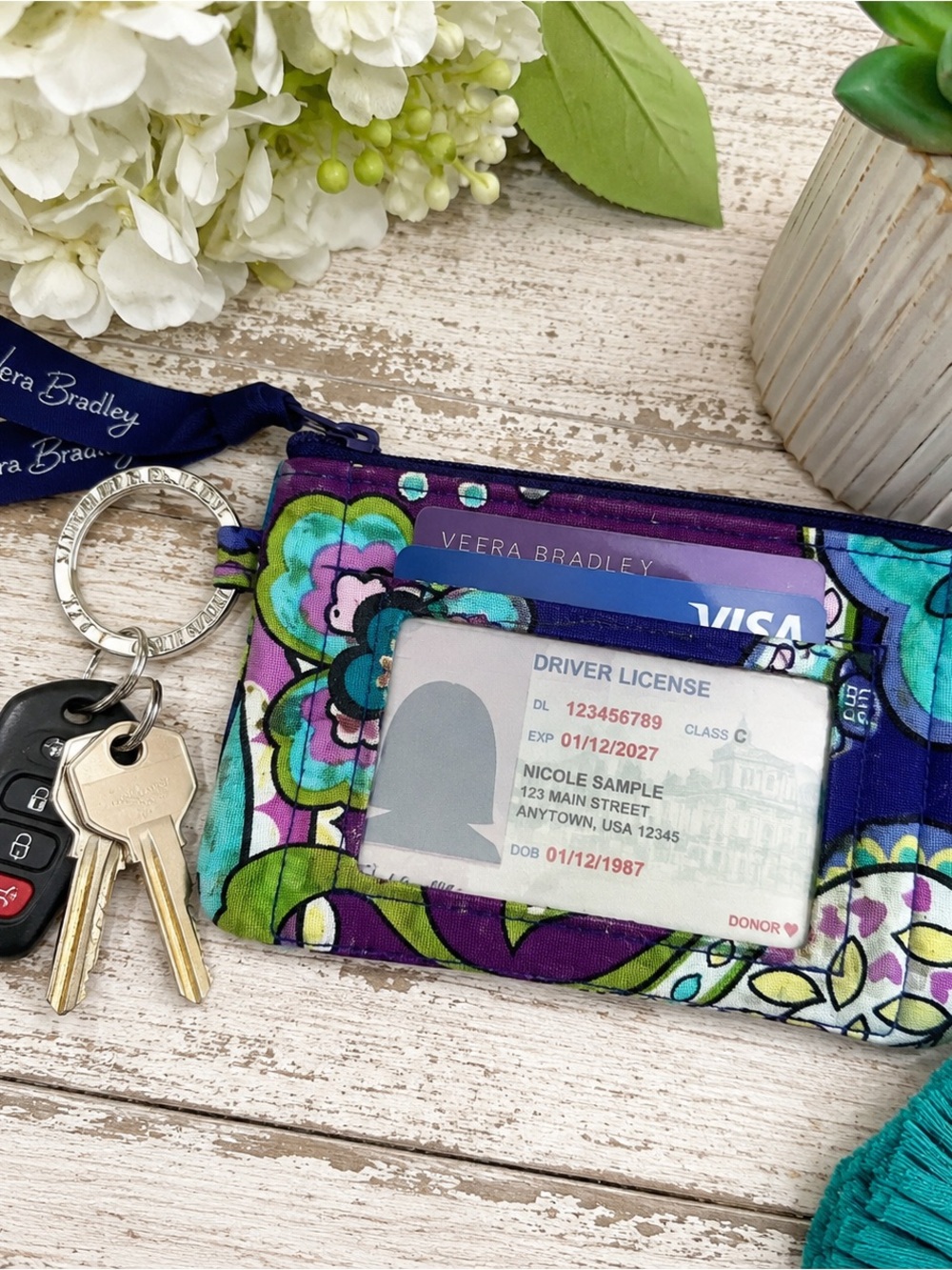 Vera Bradley Paisley Floral ID Holder Coin Purse Key Ring Card Wallet